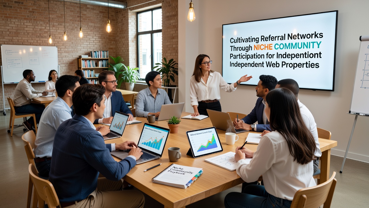 Network diagram showing referral pathways from niche communities to independent websites